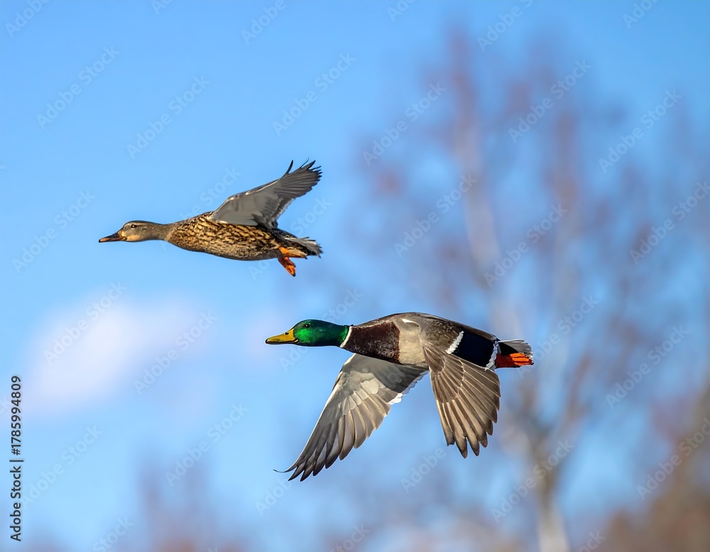 Obraz premium Two ducks fly in the bright blue sky. One is a male with a green head and the other is a female with a brown and mottled body