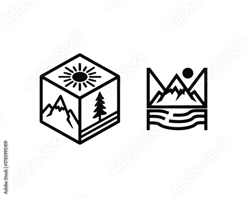 Mountain Forest Adventure Logos Set - Geometric Cube & Traditional Nature Badges