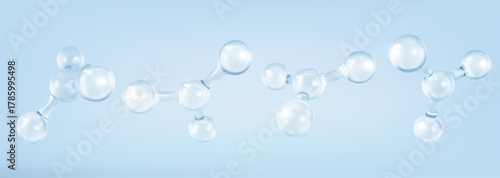 3D glass molecules or atoms on light blue background. Concept of biochemical, pharmaceutical, beauty, medical. Science or medical background. Vector 3d illustration