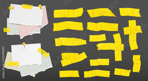 Yellow duct tape for photo collage. Bright scotch tape for the paper. Collage notebook paper pieces, paper clip and stickers and torn paper. Vector elements. 