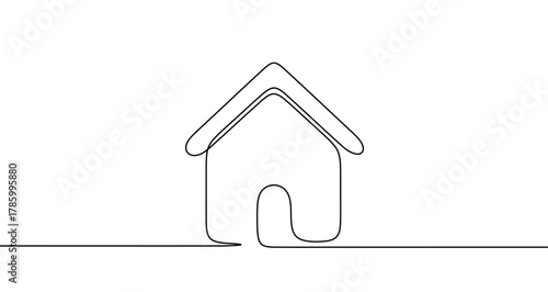 Simple house with a roof and door in one line art style. Drawing of a dwelling symbol with editable black stroke on a white background. Vector illustration.