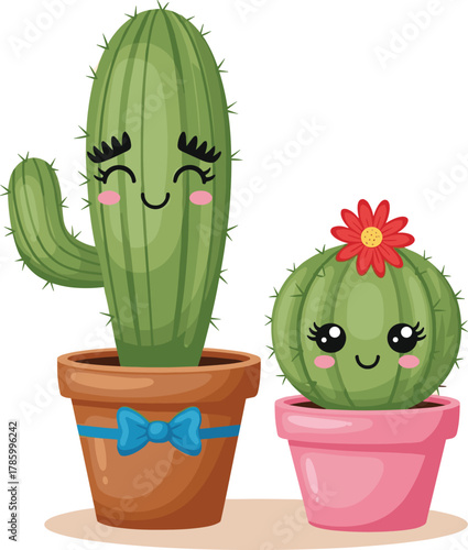 Cute cactus cartoon vector, smiling plant characters, flower pots, kawaii style, anthropomorphic succulents, cheerful design, playful indoor plant illustration