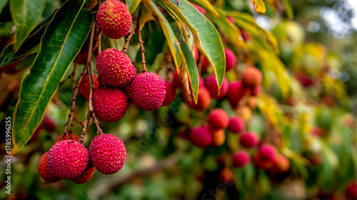 A close-up of lychee fruits hanging from the branches in an orchard