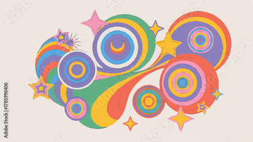 Retro Swirls and Stars Abstract Pattern with Concentric Circles and Pastel Colors Keywords: abstract, retro, pattern, swirls, stars, concentric circles, pastel, colorful