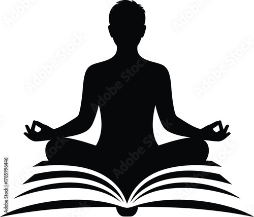 A silhouette figure meditating peacefully over an open book