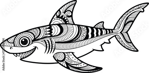 Intricate shark zentangle illustration, black and white detailed line art design for adult coloring books and marine animal artwork