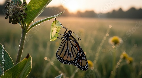 Fototapeta Naklejka Na Ścianę i Meble -  Monarch butterfly emerging from chrysalis at sunrise in a meadow.