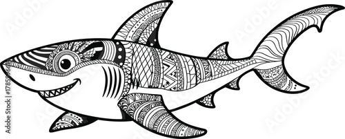 Intricate shark zentangle illustration, black and white detailed line art design for adult coloring books and marine animal artwork