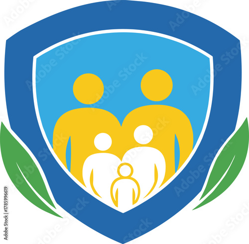 MobileFamily protection emblem, shield with five figures, leaf design, colorful vector illustration, unity, care, safety, community support, nurturing symbol