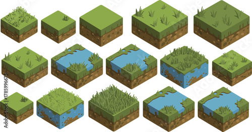 Isometric 3D blocks of natural terrain, green grassland and soil layers with water puddles, environment texture design, landscape modeling illustration