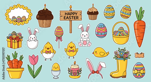A collection of cute cartoon Easter illustrations featuring bunnies, chicks, eggs, carrots, and other festive elements on a light blue background.