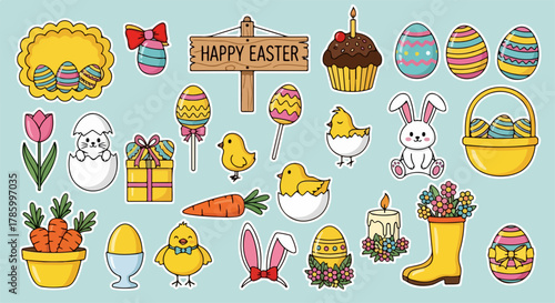 A vibrant collection of cartoon Easter-themed illustrations featuring bunnies, chicks, eggs, carrots, and festive decorations on a light blue background.