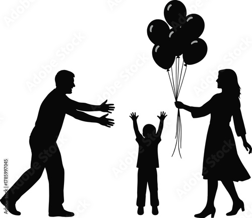 Family silhouette vector, parents and child with balloons, joyful moment, black design, celebration scene, emotional bonding, minimalist illustration