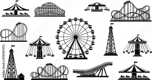 Amusement park ride silhouettes, roller coaster vector, Ferris wheel icon, carousel illustration, swing ride drawing, black and white theme