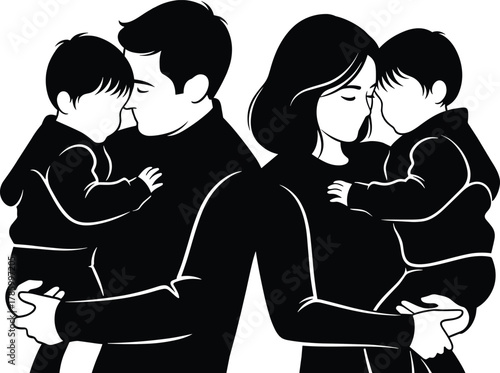 Family silhouette vector, parents holding children, emotional bonding moment, black and white design, love, care, protection, minimalist illustration