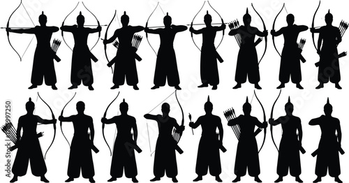 archery, archer, bow, arrow, aim, shoot, posture, silhouette, traditional, quiver, stance, motion, icon, vector, black, white, technique, cad drawing flat vector illustration