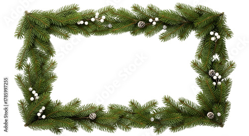 Festive green christmas garland with white lights forming a decorative frame on a black background