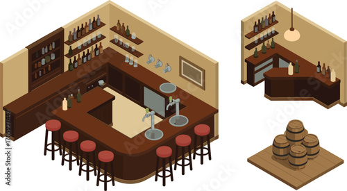 Isometric 3D illustration of a rustic pub interior with wooden bar counter, beer taps, stools, liquor bottles, and barrels