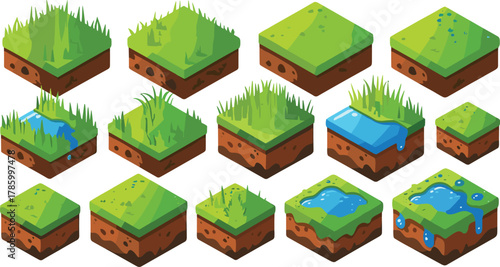 Isometric 3D blocks of natural terrain, green grassland and soil layers with water puddles, environment texture design, landscape modeling illustration