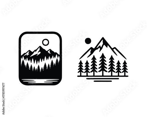 Mountain Forest Adventure Logos Set - Geometric Cube & Traditional Nature Badges
