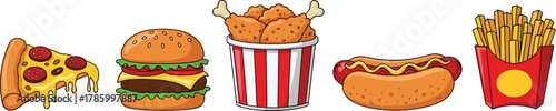 Fast food cartoon vector, pizza, burger, fried chicken, hot dog, French fries, snack icons, colorful illustration, restaurant menu design