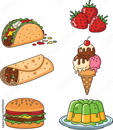 Food vector illustration, taco, burrito, hamburger, ice cream, strawberries, gelatin dessert, colorful cuisine clipart, fast food and sweets