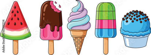 Frozen treat vector, watermelon popsicle, soft-serve cone, striped ice cream, dessert cup, colorful summer sweets, kawaii snack illustration