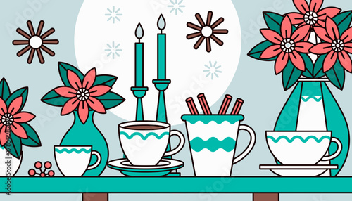 Festive hot chocolate with churros on a New Year's decorated table with flowers and candles