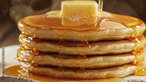 A Delicious Stack of Pancakes Drenched in Sweet Syrup with a Pat of Butter, Indulge in the Warmth: A Stack of Pancakes Covered in Syrup and Melting Butter