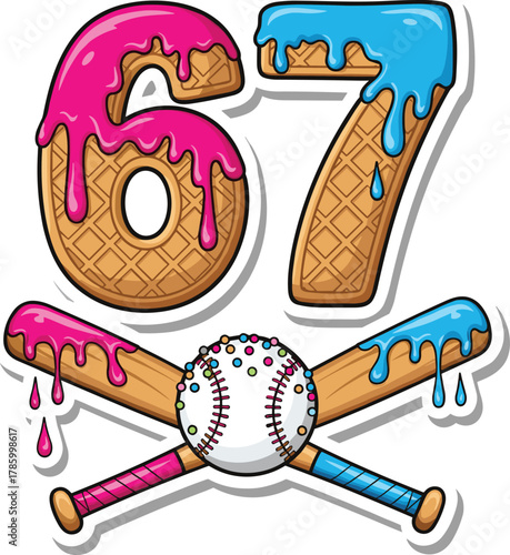 Ice cream number vector, waffle cone texture, dripping dessert art, baseball bats, sprinkles ball, pink and blue cartoon design