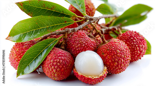 A few fresh lychees with leaves on the top, one cut open