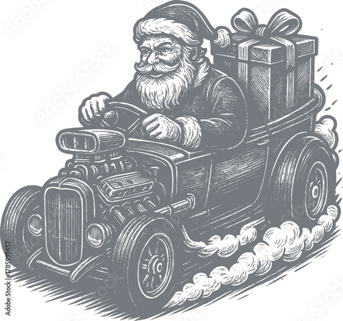Santa Claus Driving Hotroad Car Vector