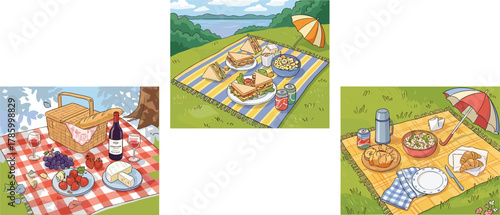 Picnic scene vector, three outdoor setups, wine, sandwiches, salad, desserts, scenic nature illustration, summer food clipart, colorful picnic design