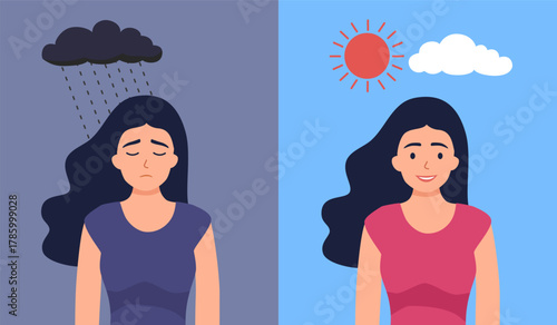 Mental health flat concept,Woman Positive and negative emotions,good and bad mood.opposites psychological vector mood swings vector illustration