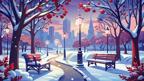 Peaceful winter city park blanketed in fresh snow, lined with red berry trees and vintage benches, soft snowfall in the air, warm street lamps glowing through mist, evoking tranquility, nostalgia