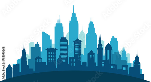 Urban cityscape silhouette of skyscrapers and buildings against a vibrant blue sky, representing city life and modern architecture