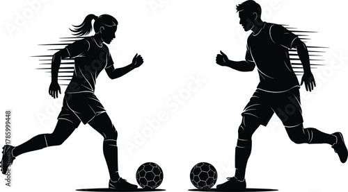 Soccer silhouette vector, male and female dribbling, motion trail design, athletic energy, black illustration, dynamic sports concept, gender representation