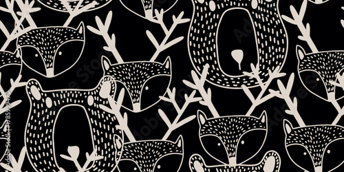 Monochrome Woodland Animals Seamless Design with Bears and Deers