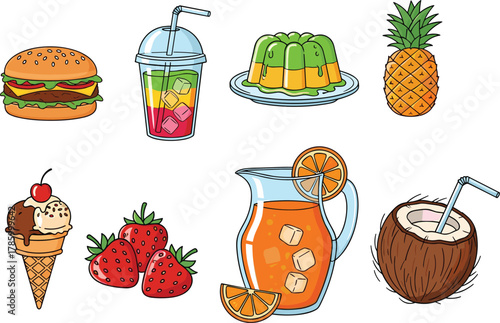 Summer food vector, hamburger, ice cream, pineapple, coconut drink, gelatin dessert, orange juice, colorful snack clipart, tropical refreshment illustration