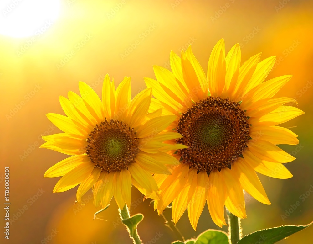 Obraz premium Two bright yellow sunflowers bask in the warm golden light of the sun, their petals radiating energy. A soft glow surrounds them