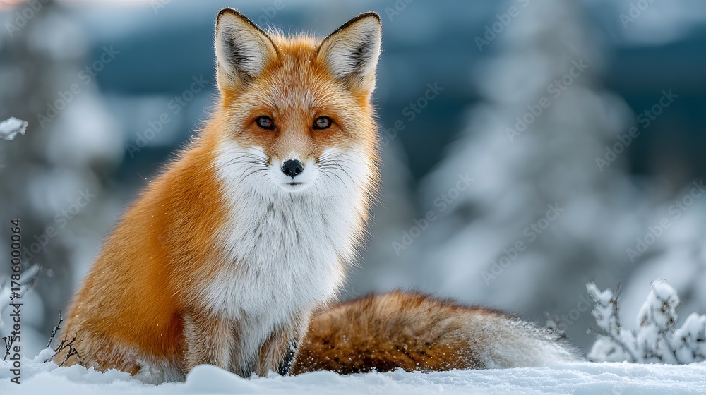 Obraz premium Cheerful red fox smiles directly at the camera while sitting in a pristine snowy landscape. Its bright orange fur contrasts beautifully with the white snow, capturing a moment of joy.