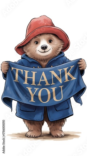 Illustration in a cute, showcasing Paddington Bear radiating warmth with a gentle smile, the banner prominently displays the message 