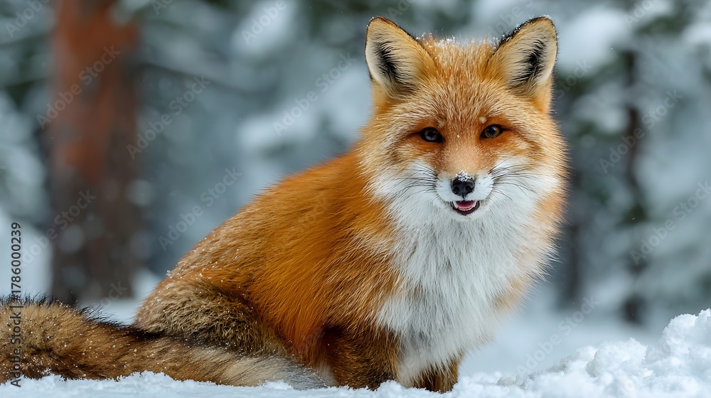 Obraz premium Cheerful red fox smiles directly at the camera while sitting in a pristine snowy landscape. Its bright orange fur contrasts beautifully with the white snow, capturing a moment of joy.