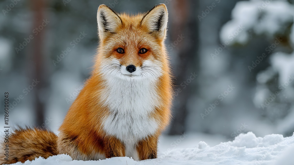 Obraz premium Cheerful red fox smiles directly at the camera while sitting in a pristine snowy landscape. Its bright orange fur contrasts beautifully with the white snow, capturing a moment of joy.