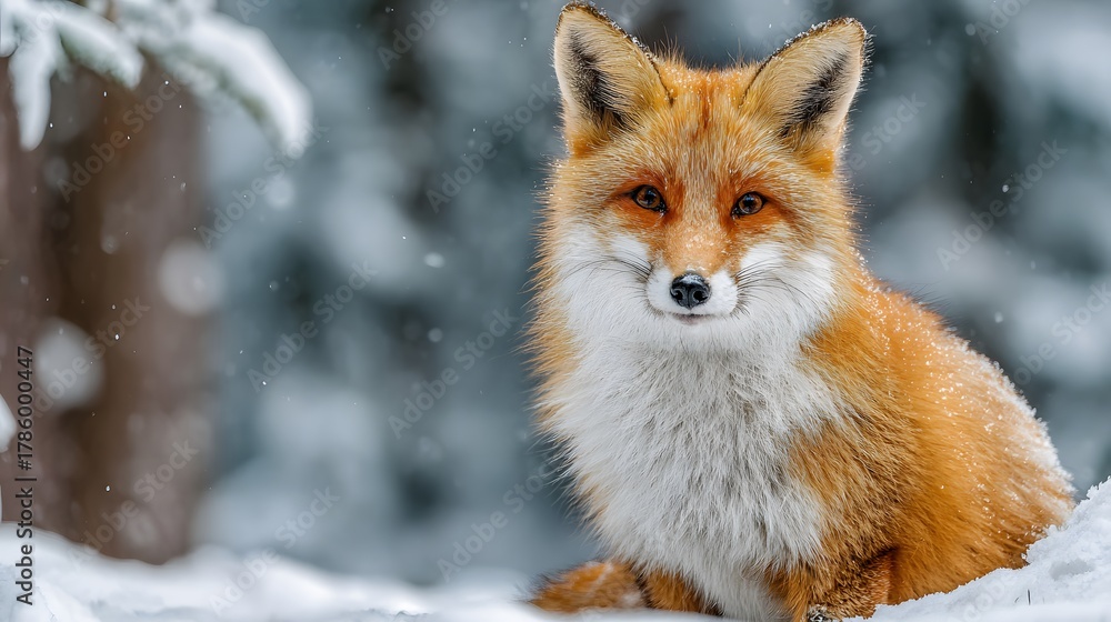 Obraz premium Cheerful red fox smiles directly at the camera while sitting in a pristine snowy landscape. Its bright orange fur contrasts beautifully with the white snow, capturing a moment of joy.