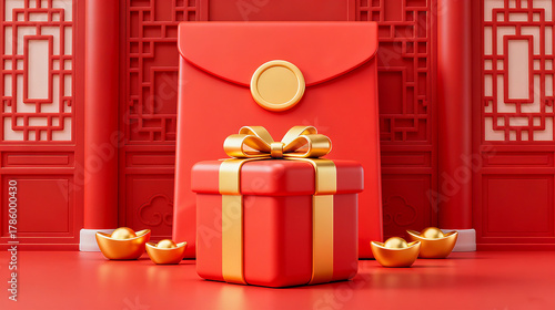 Giant bow gift box and gold ingot red envelope New Year element background