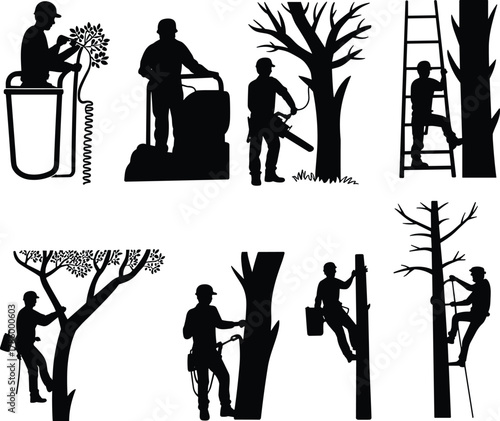 Professional arborists and tree workers using chainsaws, ladders, and lifts for pruning and maintenance, forestry silhouette illustration, black and white design