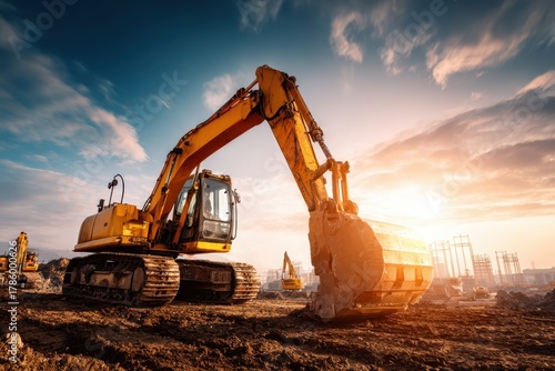 Yellow Excavator loader machine at the construction site. Industry mining banner. Industrial background with technique, sunlight. Crawler in the coal mine, loads the breed. Mining truck machinery.