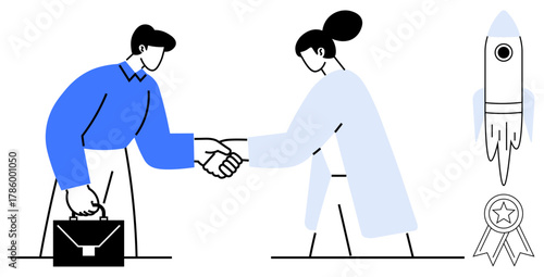 Two professionals shaking hands, briefcase, rocket, and badge. Ideal for teamwork, collaboration, success, innovation business growth trust connections. Simple flat metaphor