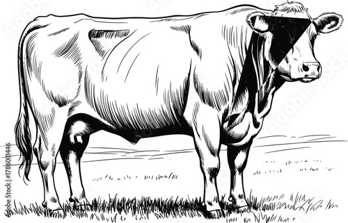 Realistic cow black and white sketch drawing, detailed farm animal line art illustration for agriculture, farming, and educational designs